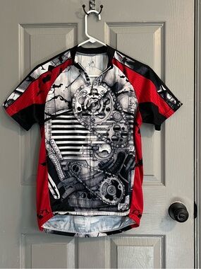 Primal Men's Red & Black Graphic Cycling Jersey skeleton mechanical print